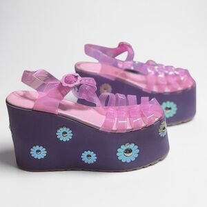 Sugar Thrillz Purple and Pink Platform Jelly Sandals with Floral Design Size 10